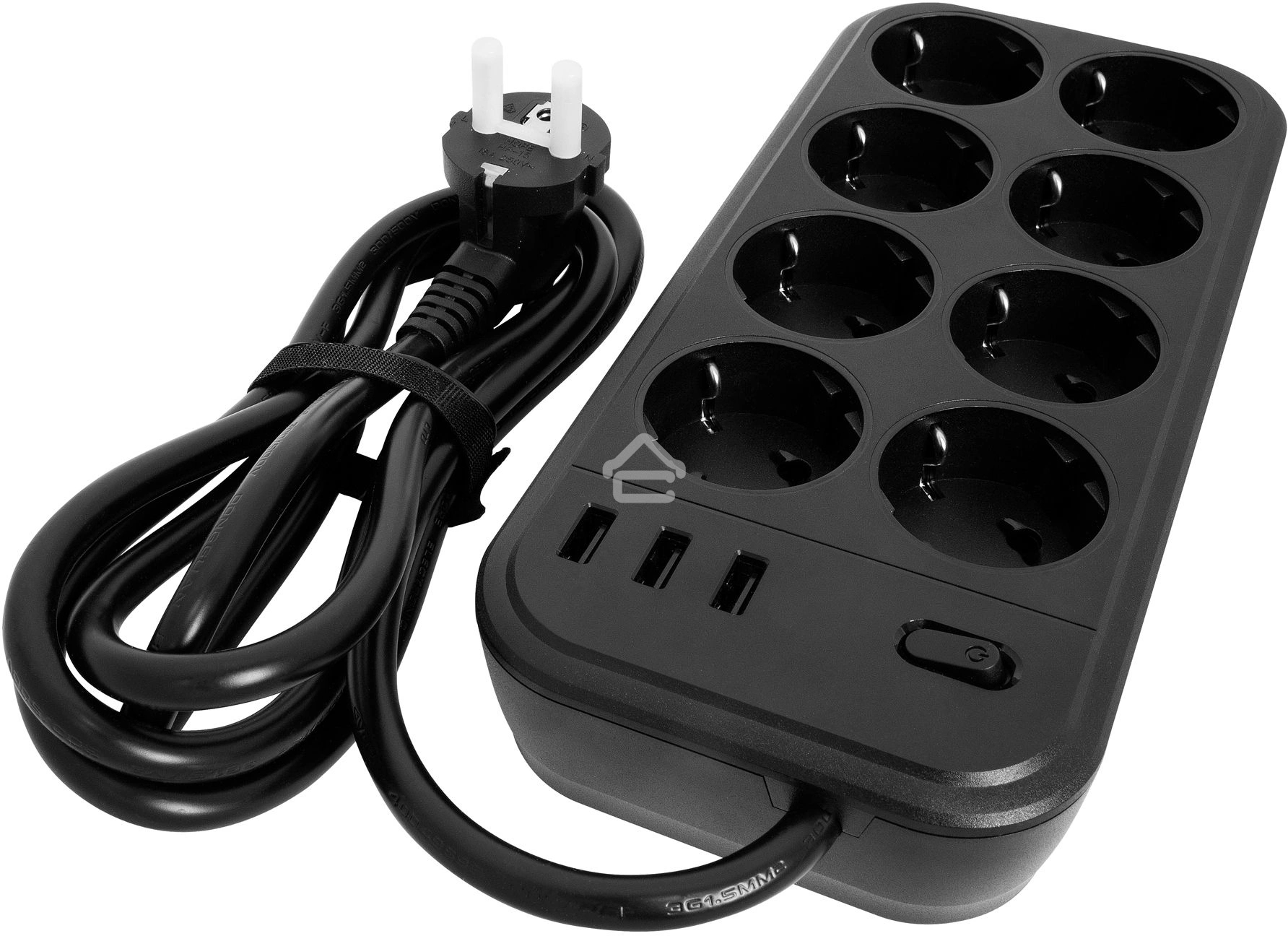 Сетевой фильтр Powercom SP-08 USB03AB 3,0 m 3.0м, 8 розеток, черный, коробка