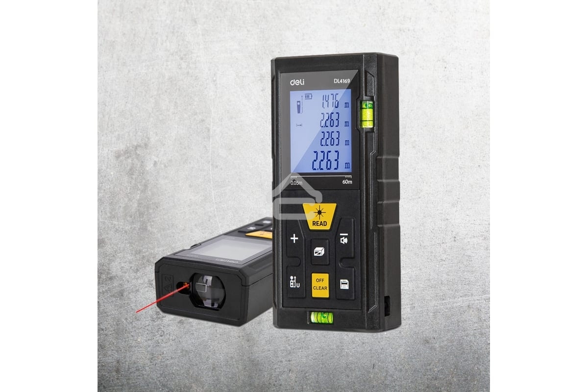 Лазерный дальномер Deli DL4169 (Диапазон измерения 0,05~60м, точность измерения: ±3мм)