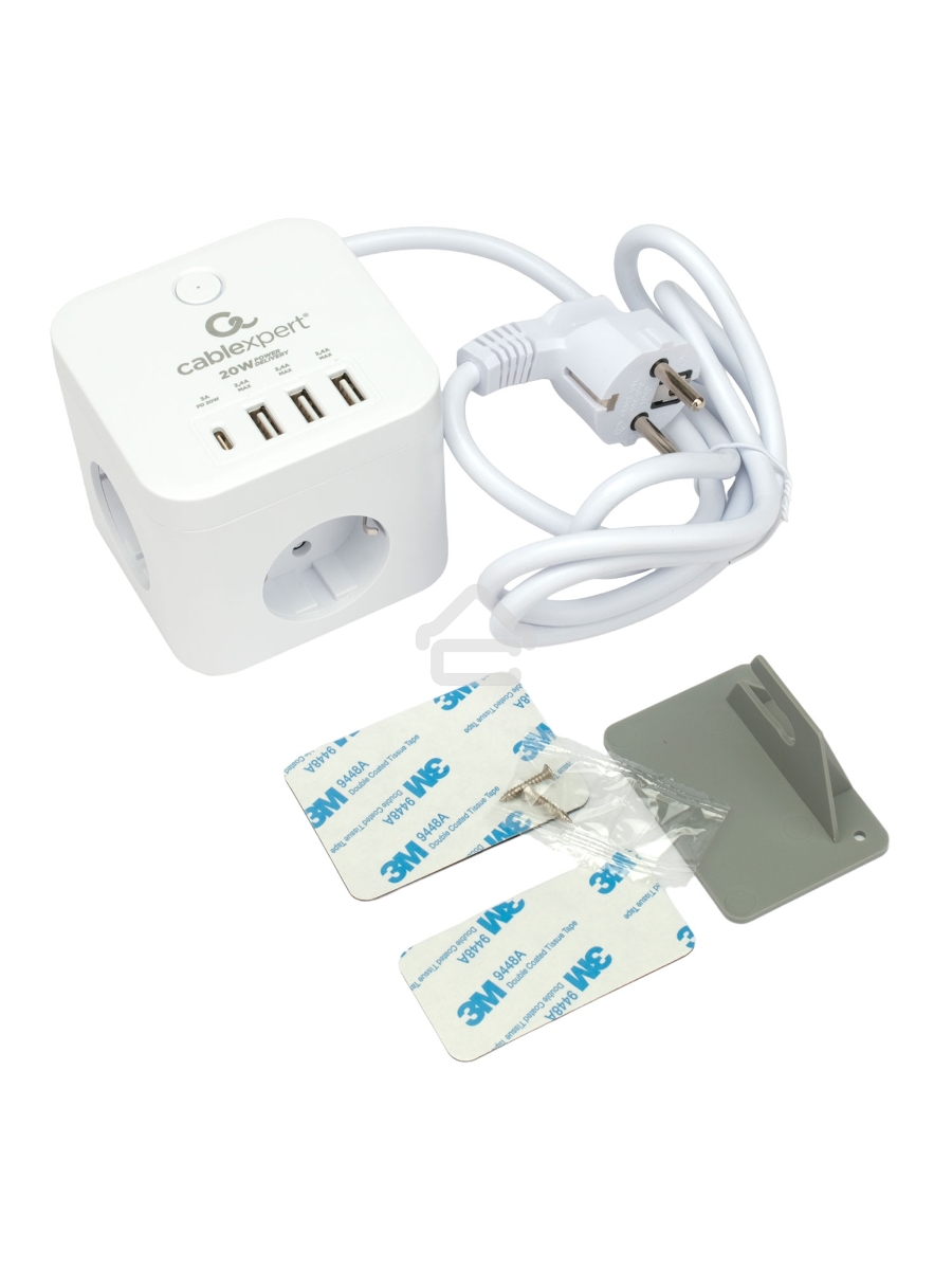 Сетевой фильтр Cablexpert Cube CUBE-3-CU3-W-1.5, 3р, 10А, 1xType-C PD, 3xUSB, 1.5м, ур.защиты 4+, белый, коробка