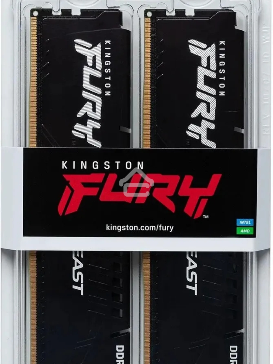 Оперативная память Kingston Fury Beast, DDR5, 32GB (2x16GB), 5200MHz, CL36, DIMM, радиатор, чёрный