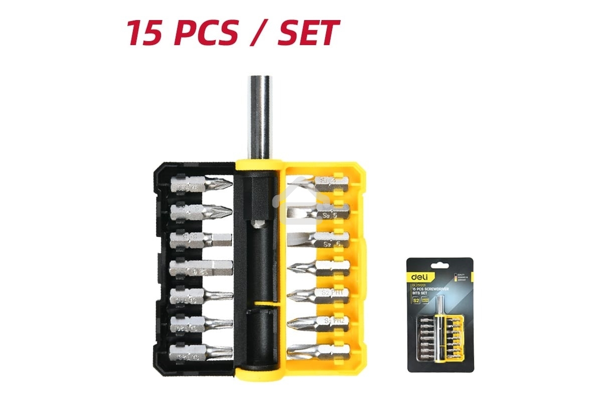 Набор бит 14 шт c держателем Deli DL251201 (SL4,SL5,SL6,PH0,PH1,PH2,PH3,T15,T20,T25,H5,H6,PZ1,PZ2), сталь S2, пласт.держатель