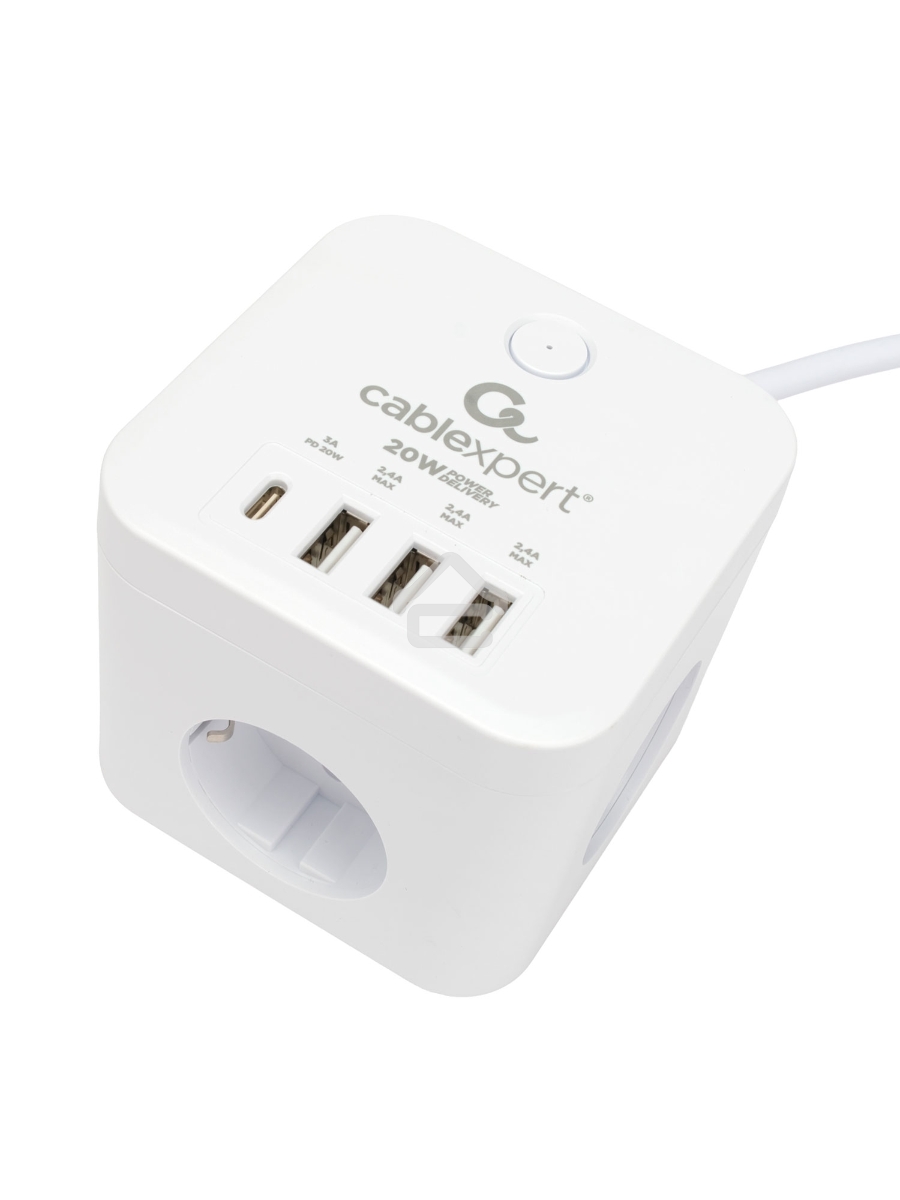 Сетевой фильтр Cablexpert Cube CUBE-3-CU3-W-1.5, 3р, 10А, 1xType-C PD, 3xUSB, 1.5м, ур.защиты 4+, белый, коробка