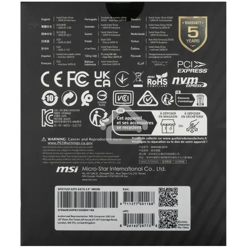 Накопитель SSD MSI SPATIUM S270, 480Gb, 2.5