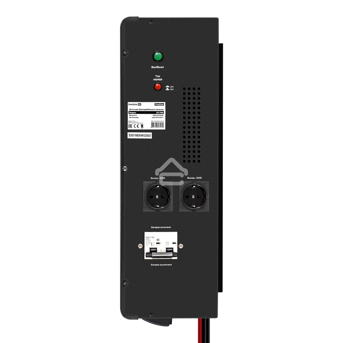 Комплект источника бесперебойного питания Exegate EX296005RUS + батарея 45Aч EX285666RUS 4шт (инвертор, синус, для котла, настенный) ExeGate FineSine SX-7000.LCD.AVR.2SH.T <7000VA/5000W, чистая синусоида, цветной LCD-дисплей, AVR, 2*Schuko+клеммы, линейно