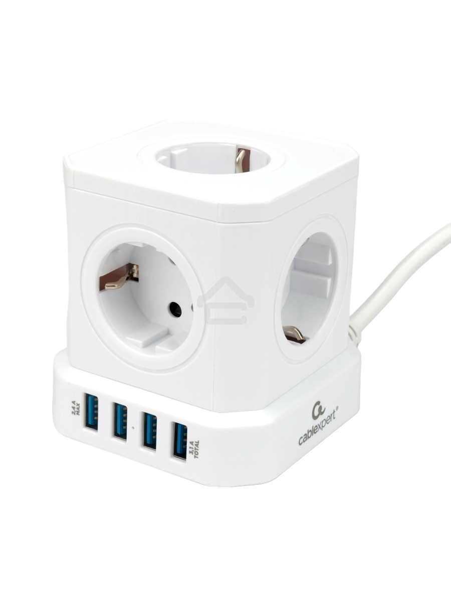 Сетевой фильтр Cablexpert Tower TWR-5-U4-W-2, 5р, 10А, 4хUSB, 3.1А, 2м, ур.защиты 4+, белый, коробка