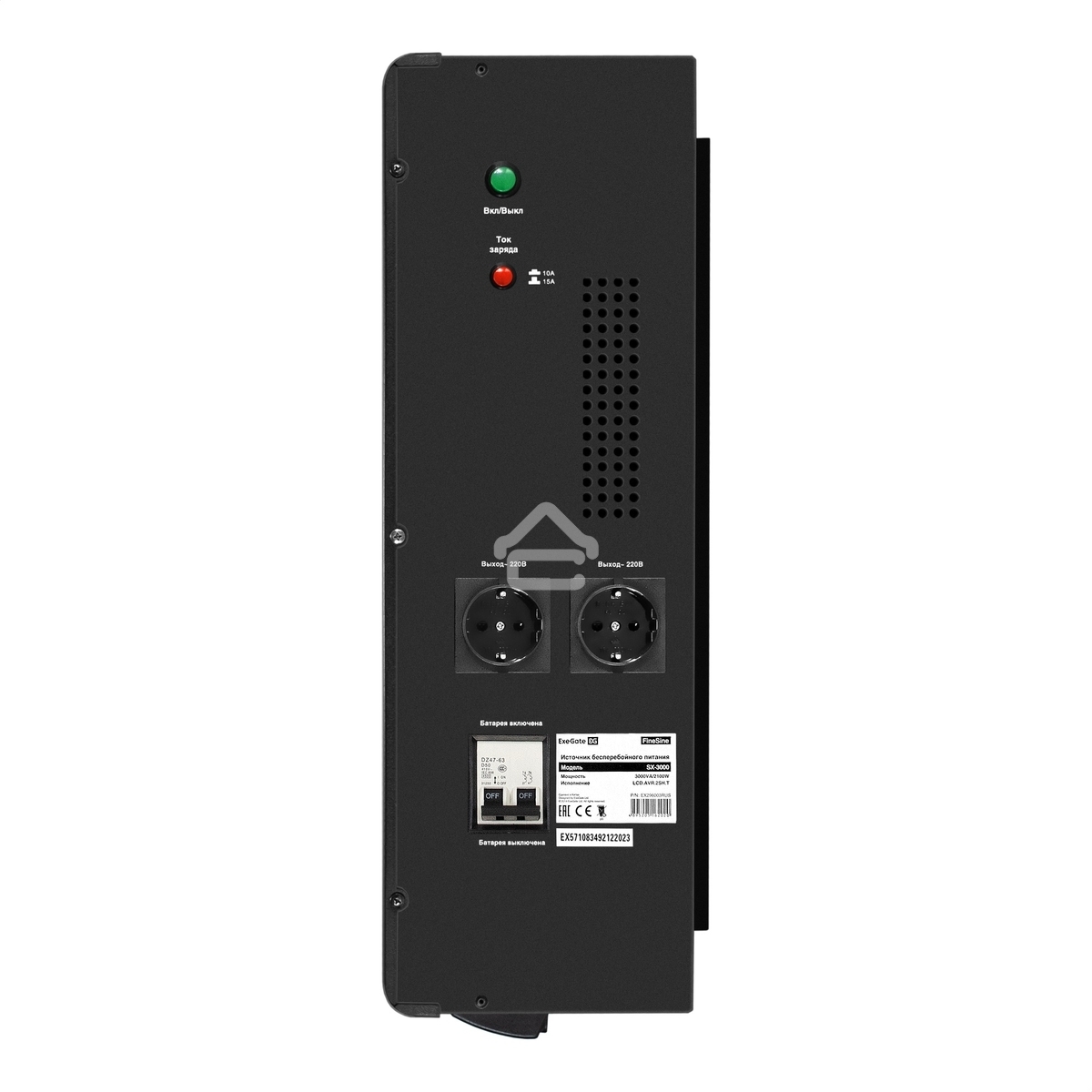 Комплект источника бесперебойного питания Exegate EX296003RUS + батарея 45Aч EX285666RUS 4шт (инвертор, синус, для котла, настенный) ExeGate FineSine SX-3000.LCD.AVR.2SH.T <3000VA/2100W, чистая синусоида, цветной LCD-дисплей, AVR, 2*Schuko+клеммы, линейно