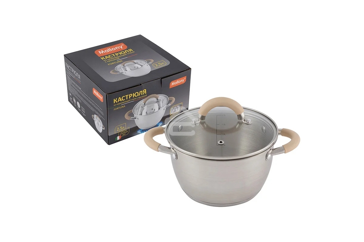 Кастрюля MALLONY Fortuna нержавеющая сталь, со стеклянной крышкой, матовый корпус ручки с силиконом, 2,5 л