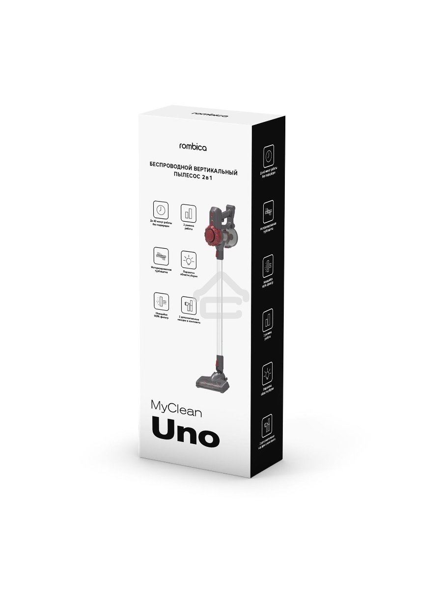 Пылесос вертикальный/ручной Rombica MYCLEAN UNO NHS16D01 красный/черный, питание от аккумулятора, 45 Вт, уборка сухая, пылесборник 0.8 л, работа от АКБ max - 40 мин