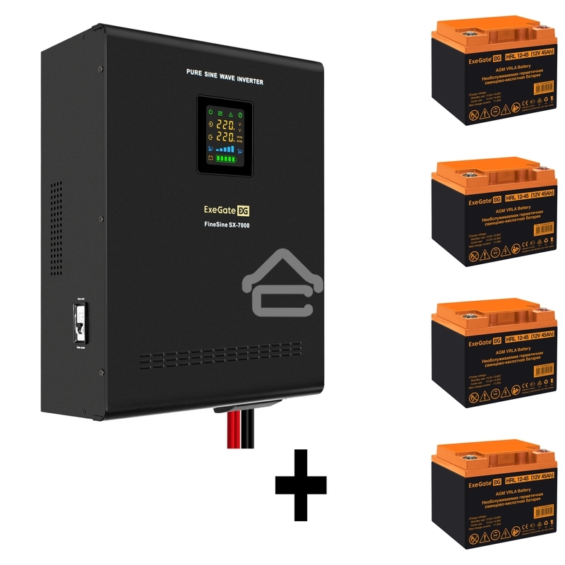 Комплект источника бесперебойного питания Exegate EX296005RUS + батарея 45Aч EX285666RUS 4шт (инвертор, синус, для котла, настенный) ExeGate FineSine SX-7000.LCD.AVR.2SH.T <7000VA/5000W, чистая синусоида, цветной LCD-дисплей, AVR, 2*Schuko+клеммы, линейно