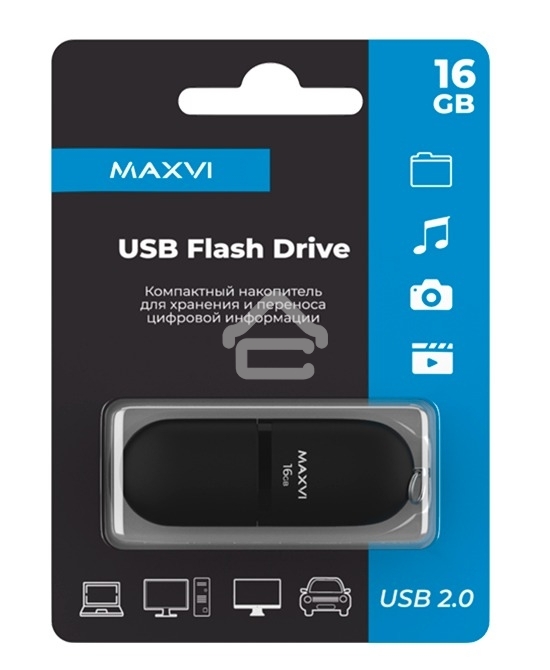 Флешка USB R/W Maxvi SF 16GB USB 2.0 black, монолит с колпачком, soft touch