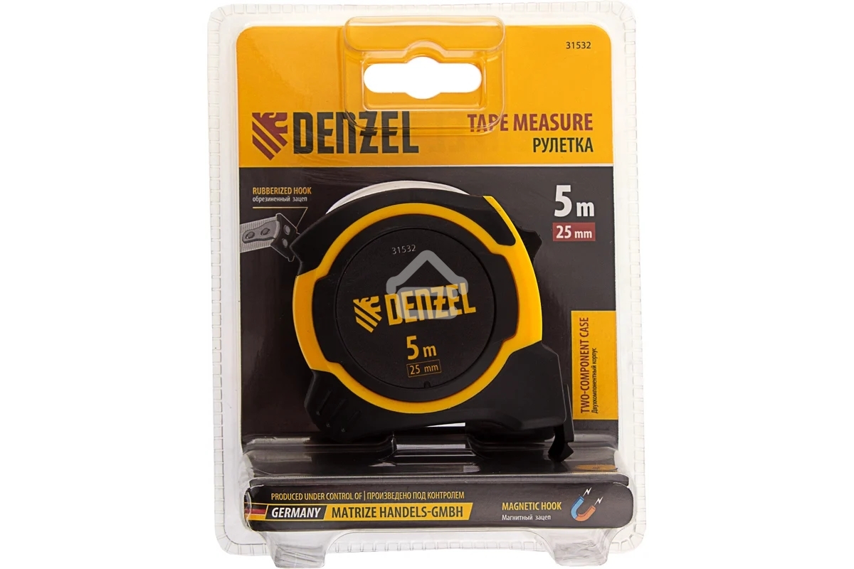 Рулетка Denzel 5м х 25мм, двухкомп. корпус, магнитный обрезиненный зацеп