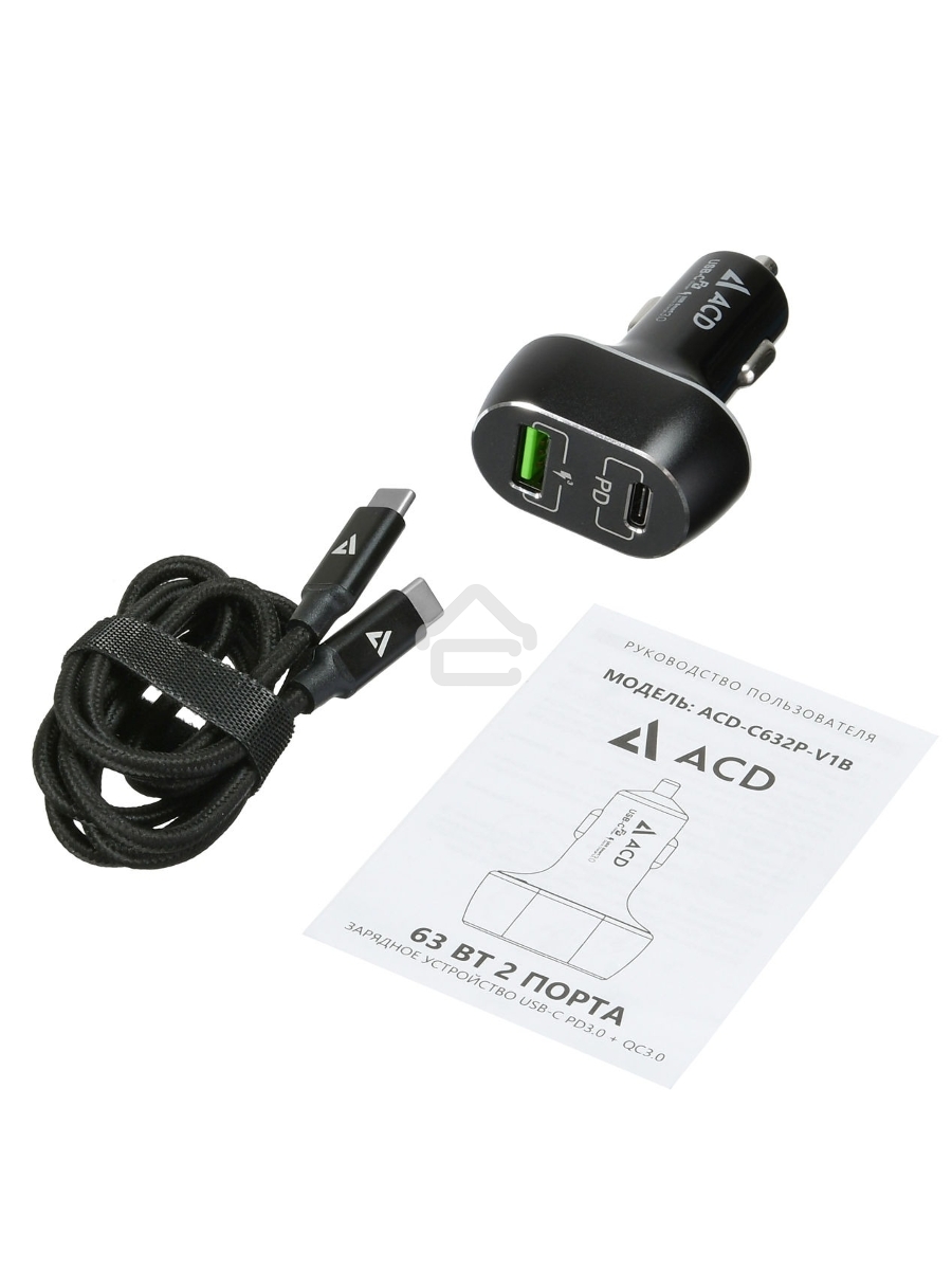 Автомобильное ЗУ ACD ACD-С632P-V1B 63Вт, 2xUSB 1PD+1QC, 3.6~20В/3А RTL