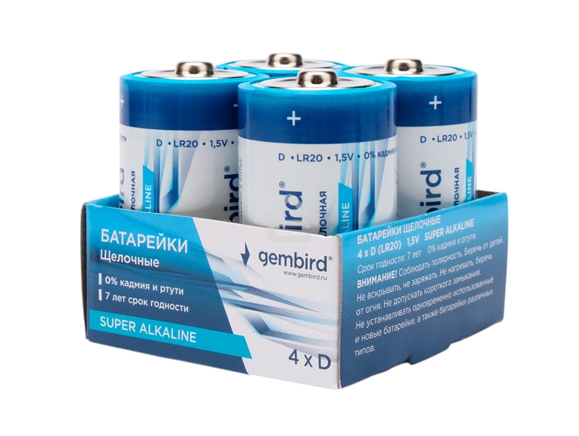 Батарейки щелочные/алкалиновые Gembird GB-LR20-4B, тип D(LR20), 4шт, коробка