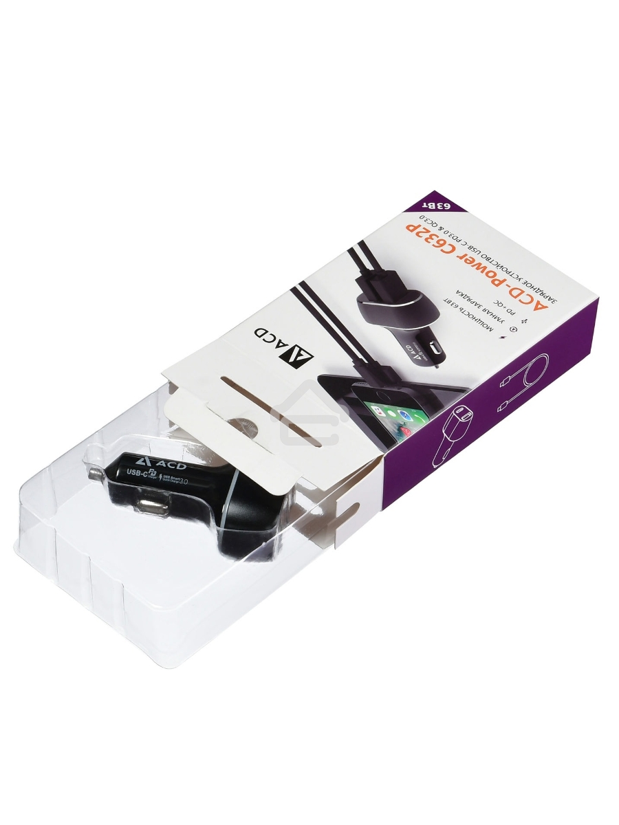 Автомобильное ЗУ ACD ACD-С632P-V1B 63Вт, 2xUSB 1PD+1QC, 3.6~20В/3А RTL