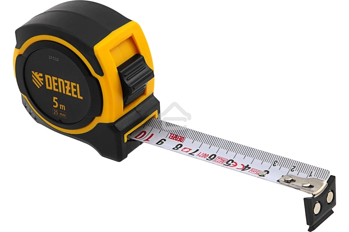 Рулетка Denzel 5м х 25мм, двухкомп. корпус, магнитный обрезиненный зацеп