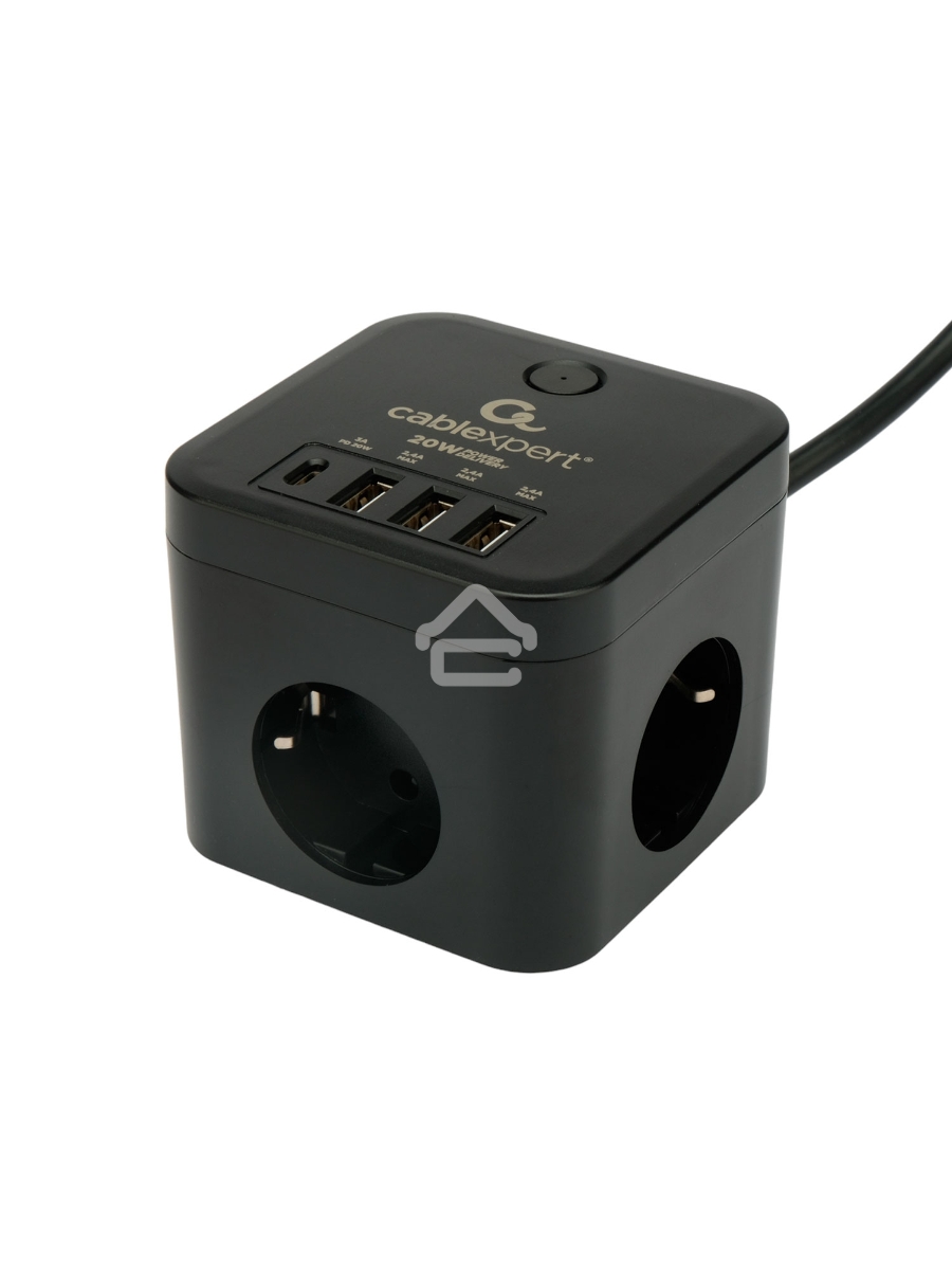Сетевой фильтр Cablexpert Cube CUBE-3-CU3-B-1.5, 3р, 10А, 1xType-C PD, 3xUSB, 1.5м, ур.защиты 4+, черный, коробка