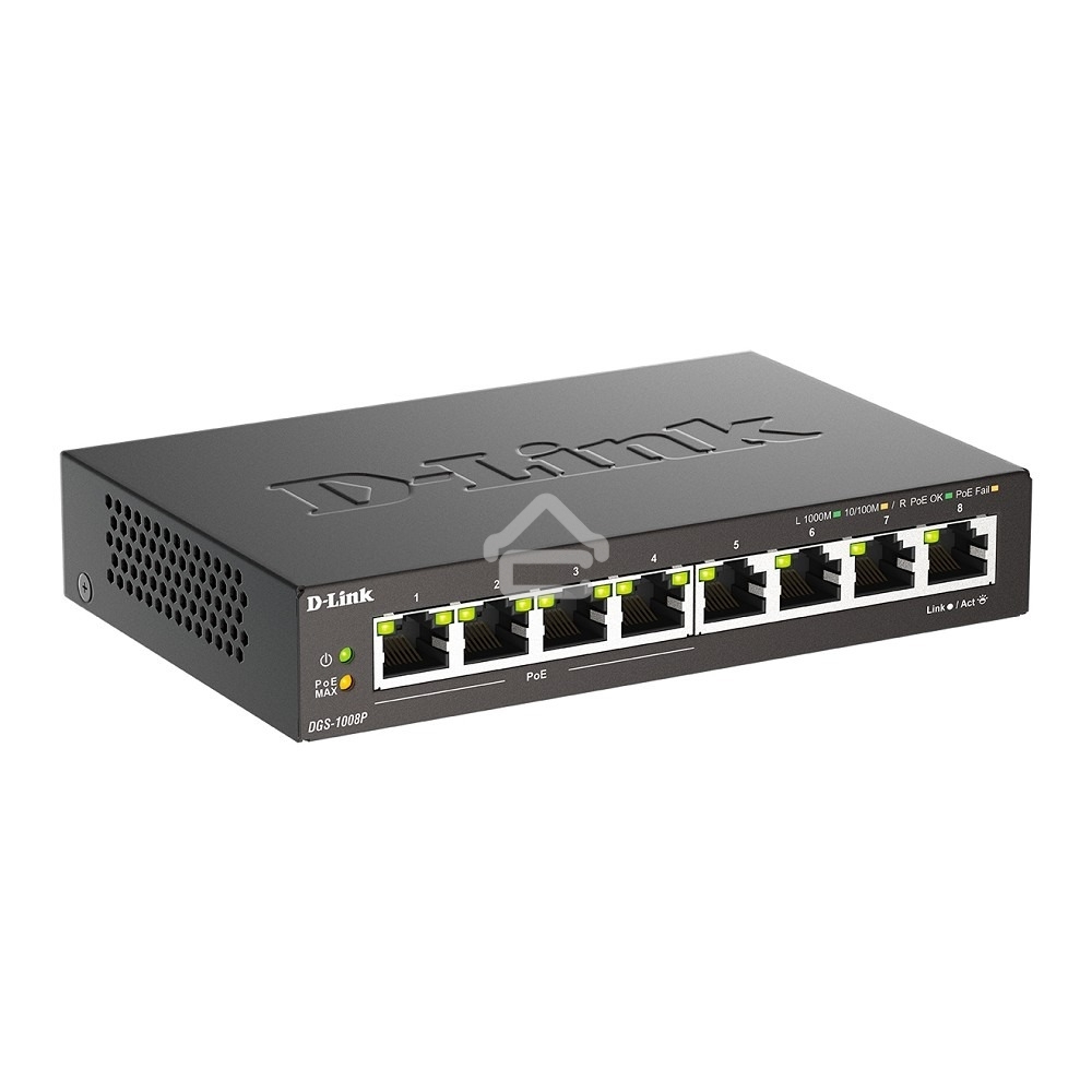 Неуправляемый коммутатор D-Link DGS-1008P/F3A с 8 портами 10/100/1000Base-T (4 порта PoE 802.3af/at, PoE-бюджет 60 Вт)