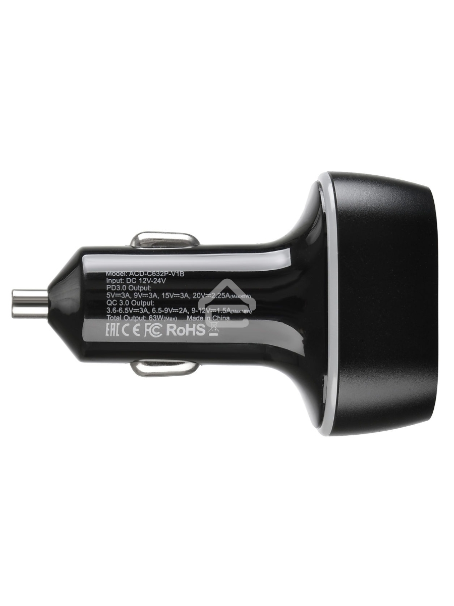 Автомобильное ЗУ ACD ACD-С632P-V1B 63Вт, 2xUSB 1PD+1QC, 3.6~20В/3А RTL