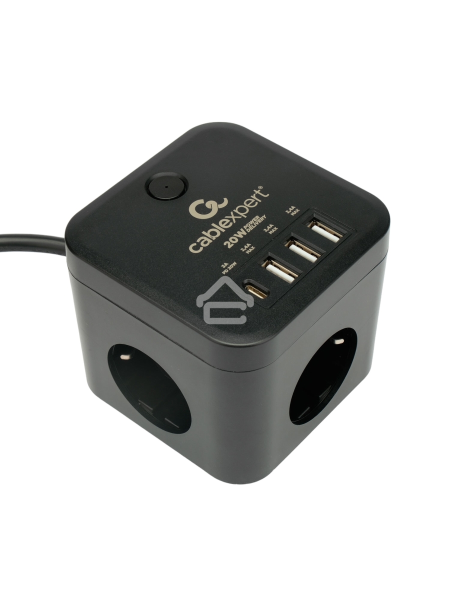 Сетевой фильтр Cablexpert Cube CUBE-3-CU3-B-1.5, 3р, 10А, 1xType-C PD, 3xUSB, 1.5м, ур.защиты 4+, черный, коробка
