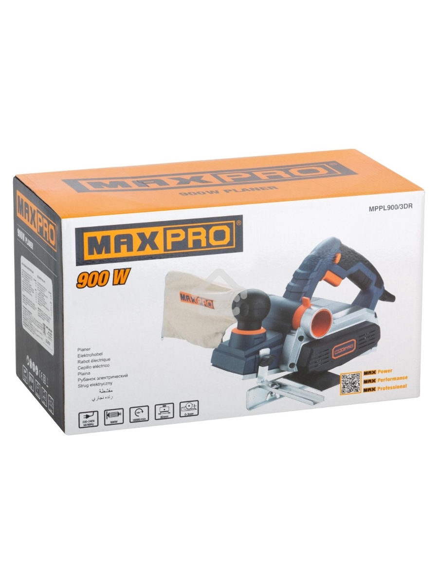 Рубанок Электрический MAXPRO MPPL900/3DR 900Вт, 16000об/мин, 82мм, Рез 0-3мм, Паз 0-16мм, 3,2кг, защ. пятка, Резиновые вставки, Пылесборник, Дополнительные ремен