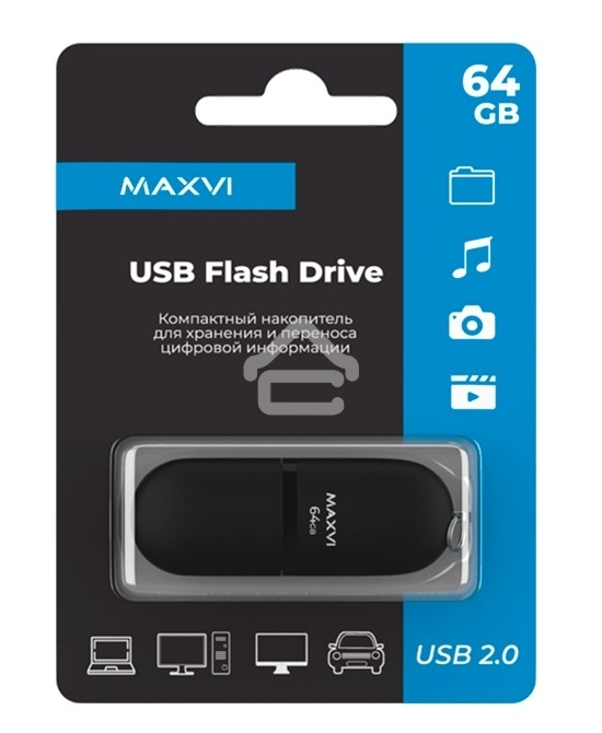 Флешка USB R/W Maxvi SF 64GB USB 2.0 black, монолит с колпачком, soft touch