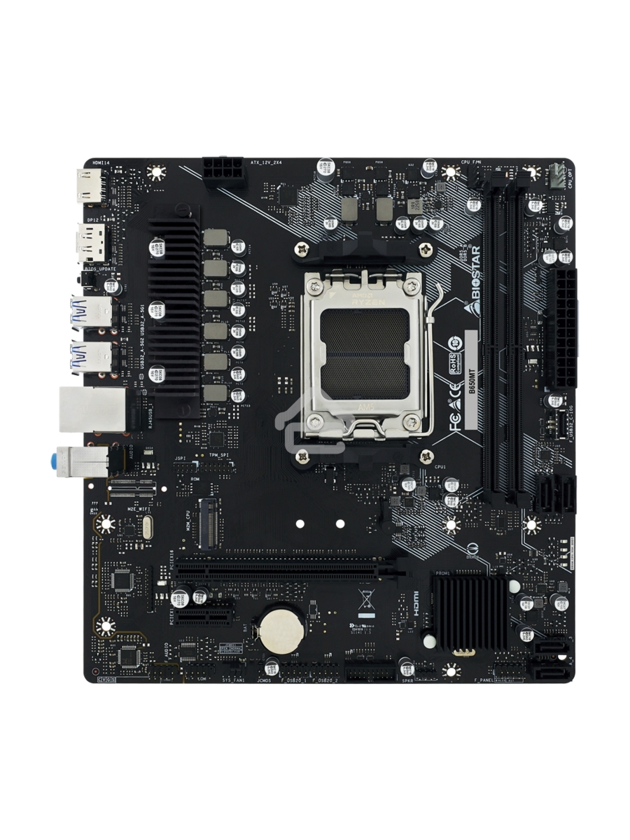Материнская плата Biostar B650MT, AM5, AMD B650, 2xDDR5, 4xSATA, 1xM.2, 1xPCI-E 4.0 x16, 1xPCI-E x1, 1xHDMI, 1xDP, 1x 1Gb LAN, 4xUSB-A 3.2 Gen 1, 2xUSB-A 2.0, 3x3.5 мм, 7.1, Micro-ATX