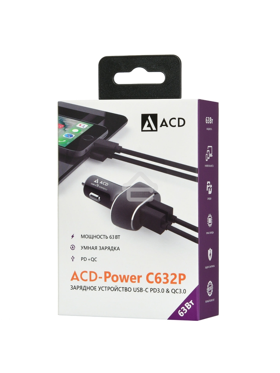 Автомобильное ЗУ ACD ACD-С632P-V1B 63Вт, 2xUSB 1PD+1QC, 3.6~20В/3А RTL