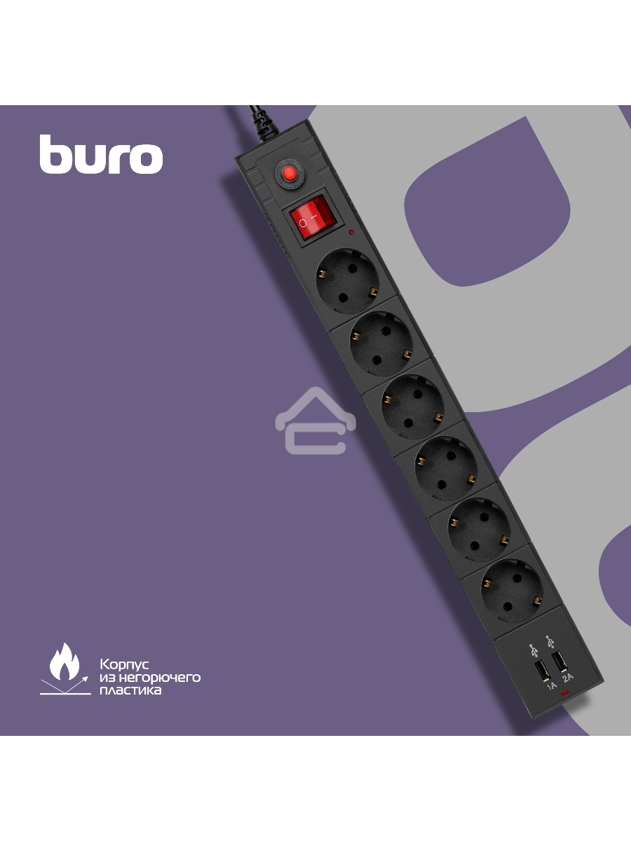 Сетевой фильтр Buro BU-SP1.8_USB_2A-B 1.8м (6 розеток) черный (коробка)