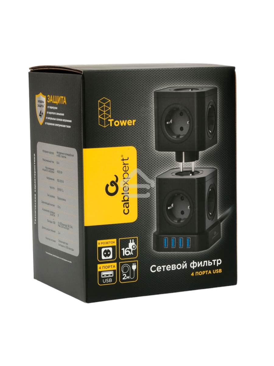 Сетевой фильтр Cablexpert Tower TWR-9-U4-B-2, 9р, 16А, 4хUSB, 3.1А, 2м, ур.защиты 4+, черный, коробка