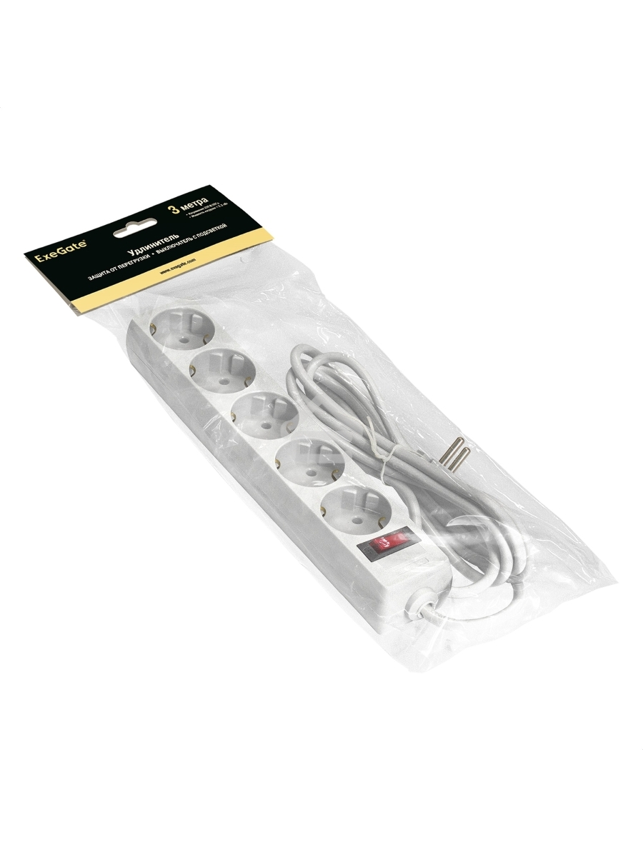 Удлинитель ExeGate EC-5-3W EX279360RUS белый, 3 м, евровилка, 5 розеток, 2200 Вт