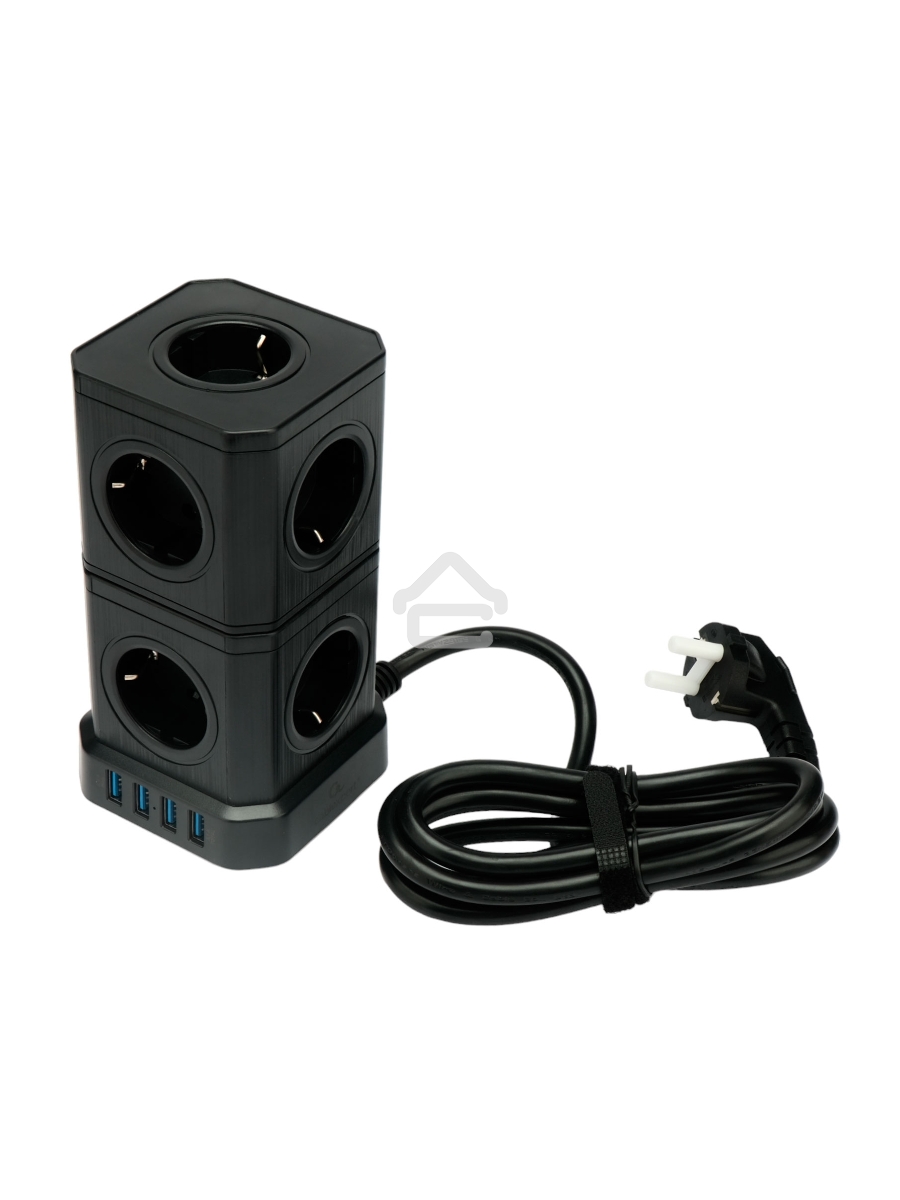 Сетевой фильтр Cablexpert Tower TWR-9-U4-B-2, 9р, 16А, 4хUSB, 3.1А, 2м, ур.защиты 4+, черный, коробка