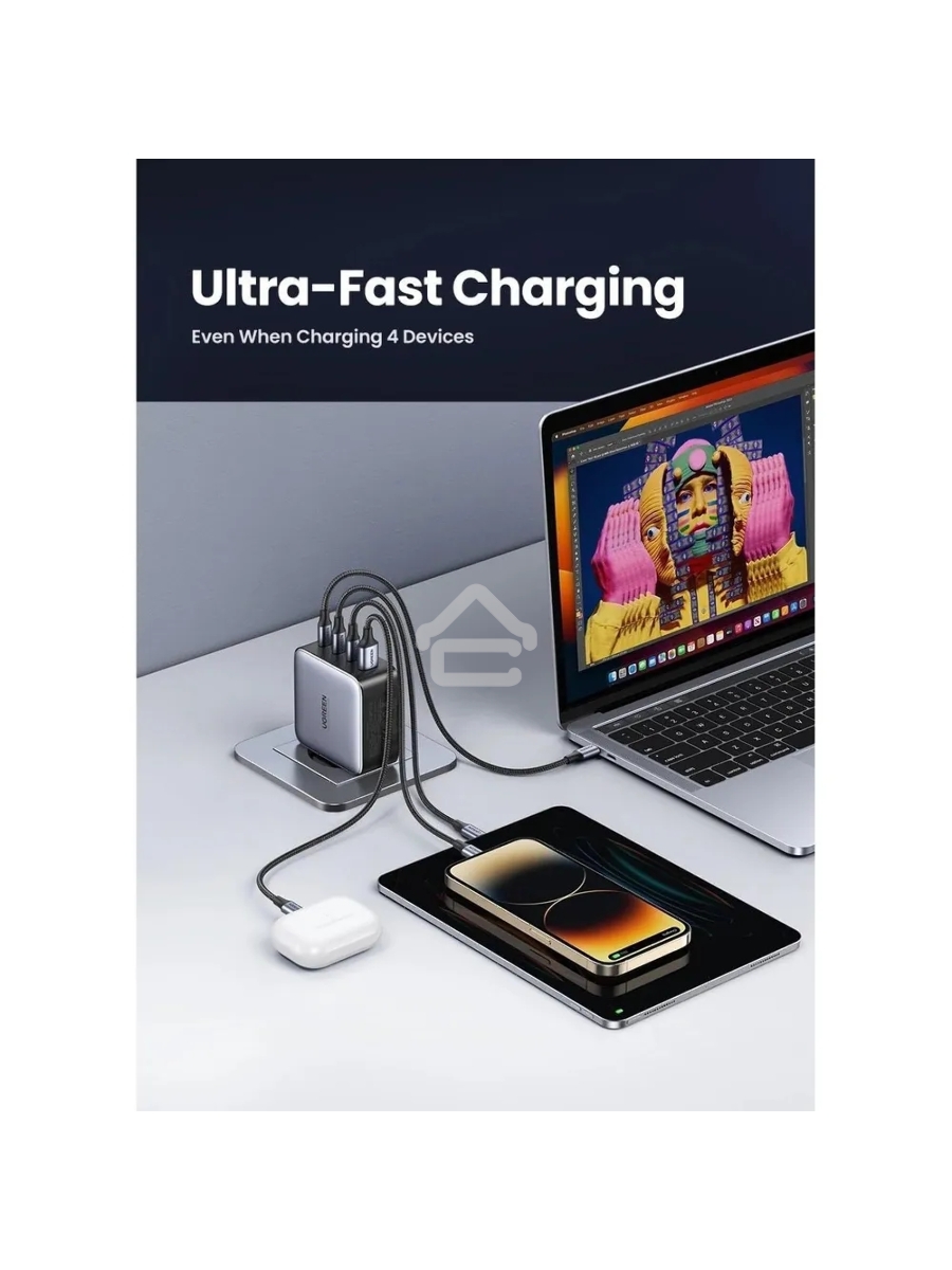 Сетевое зарядное устройство UGREEN CD226-90575, USB-A+3xUSB-C, GaN, 100W, Space Gray (90575)