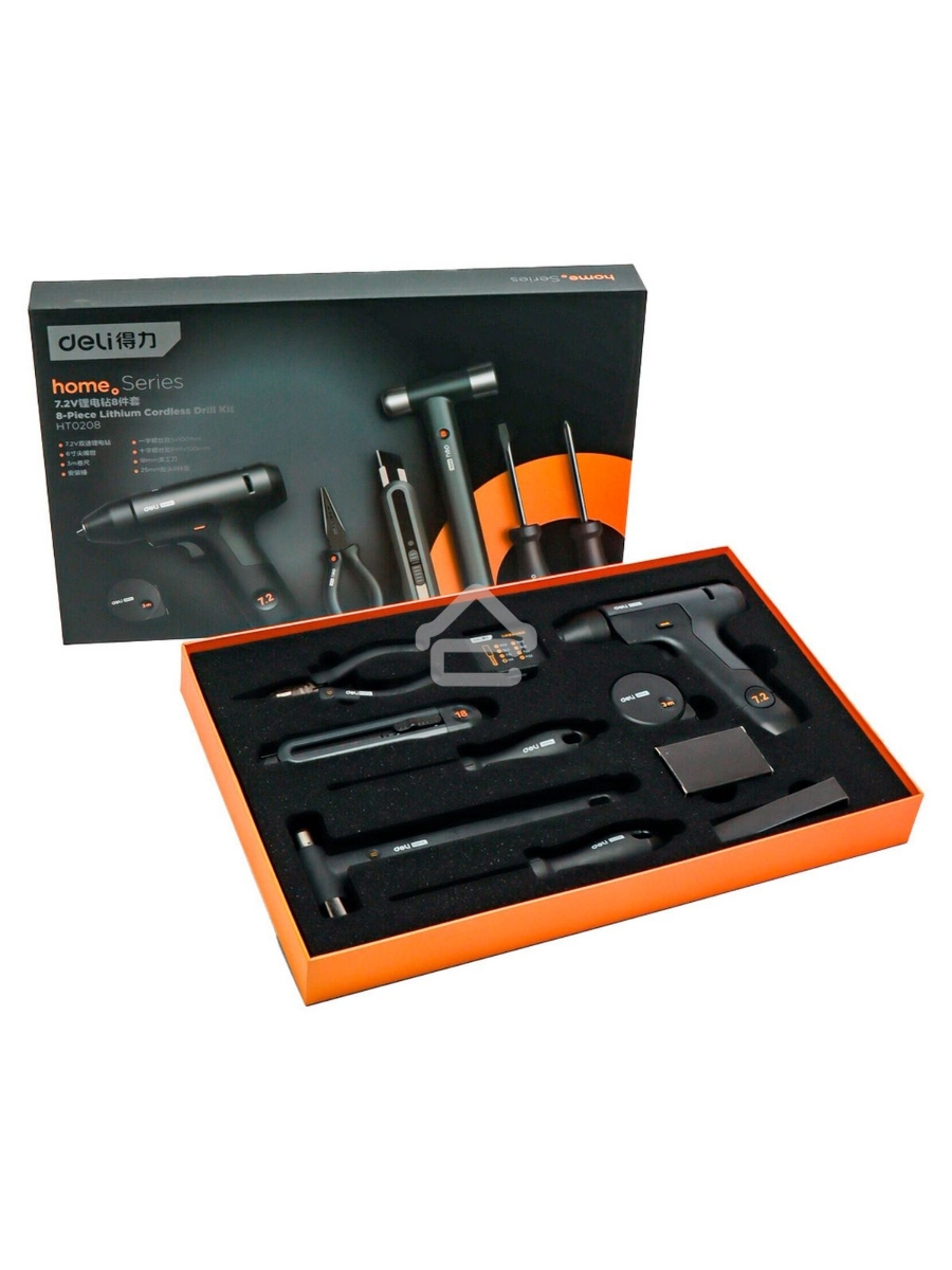Набор ручного инструмента + шуруповерт Deli HT0208 Home Series Black 8 предметов
