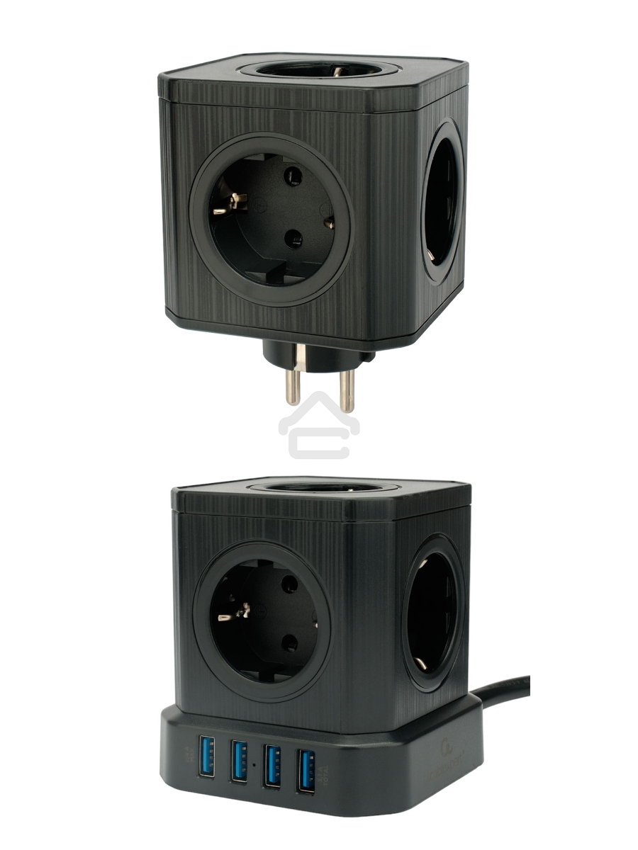 Сетевой фильтр Cablexpert Tower TWR-9-U4-B-2, 9р, 16А, 4хUSB, 3.1А, 2м, ур.защиты 4+, черный, коробка