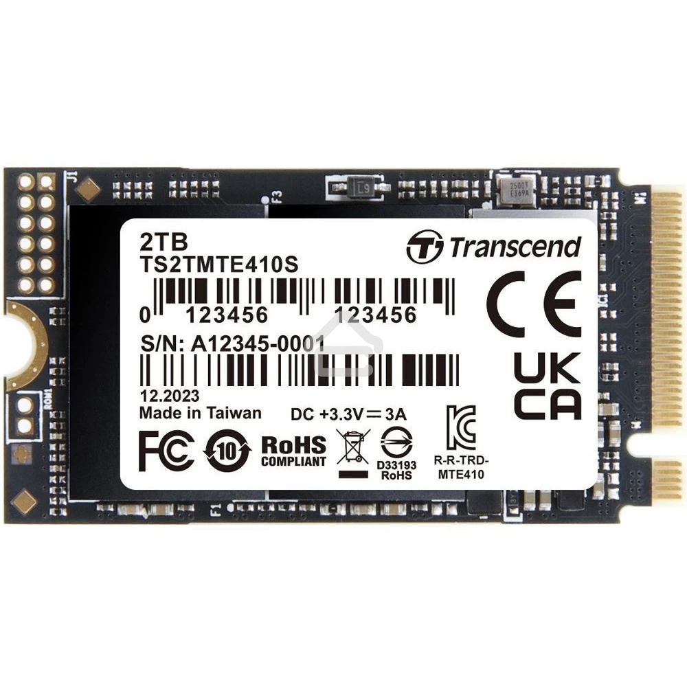 Накопитель SSD Transcend MTE410S, 2000GB, M.2(22x42мм), NVMe, PCIe 4x4, 3D TLC, R/W 5000/4300MB/s, IOPs 570 000/700 000, TBW 1200, DWPD 0.33, DRAM-less (5 лет)