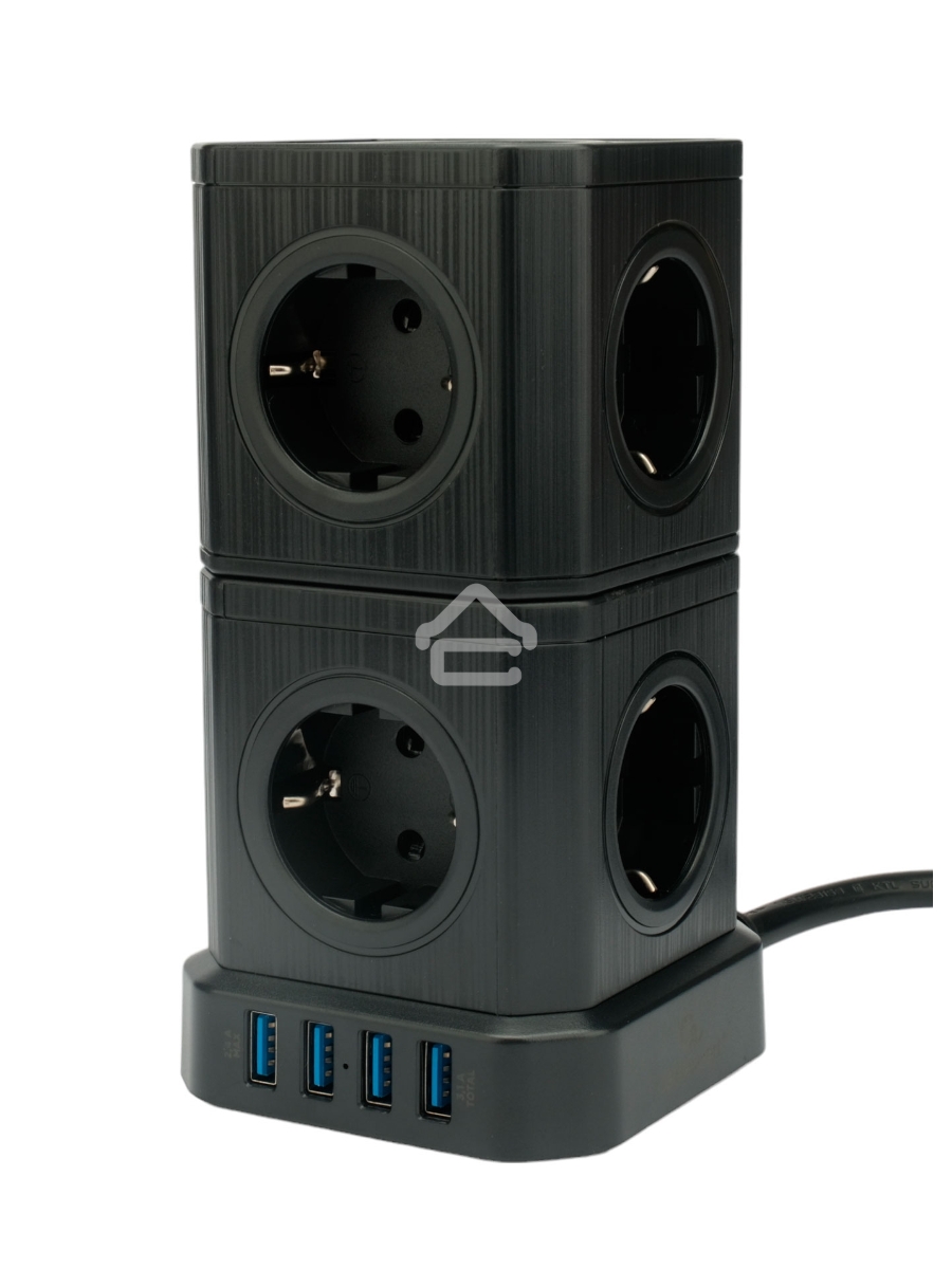 Сетевой фильтр Cablexpert Tower TWR-9-U4-B-2, 9р, 16А, 4хUSB, 3.1А, 2м, ур.защиты 4+, черный, коробка