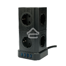 Сетевой фильтр Cablexpert Tower TWR-9-U4-B-2, 9 р, 16А, 4хUSB, 3.1А, 2 м, ур.защиты 4+, черный, коробка