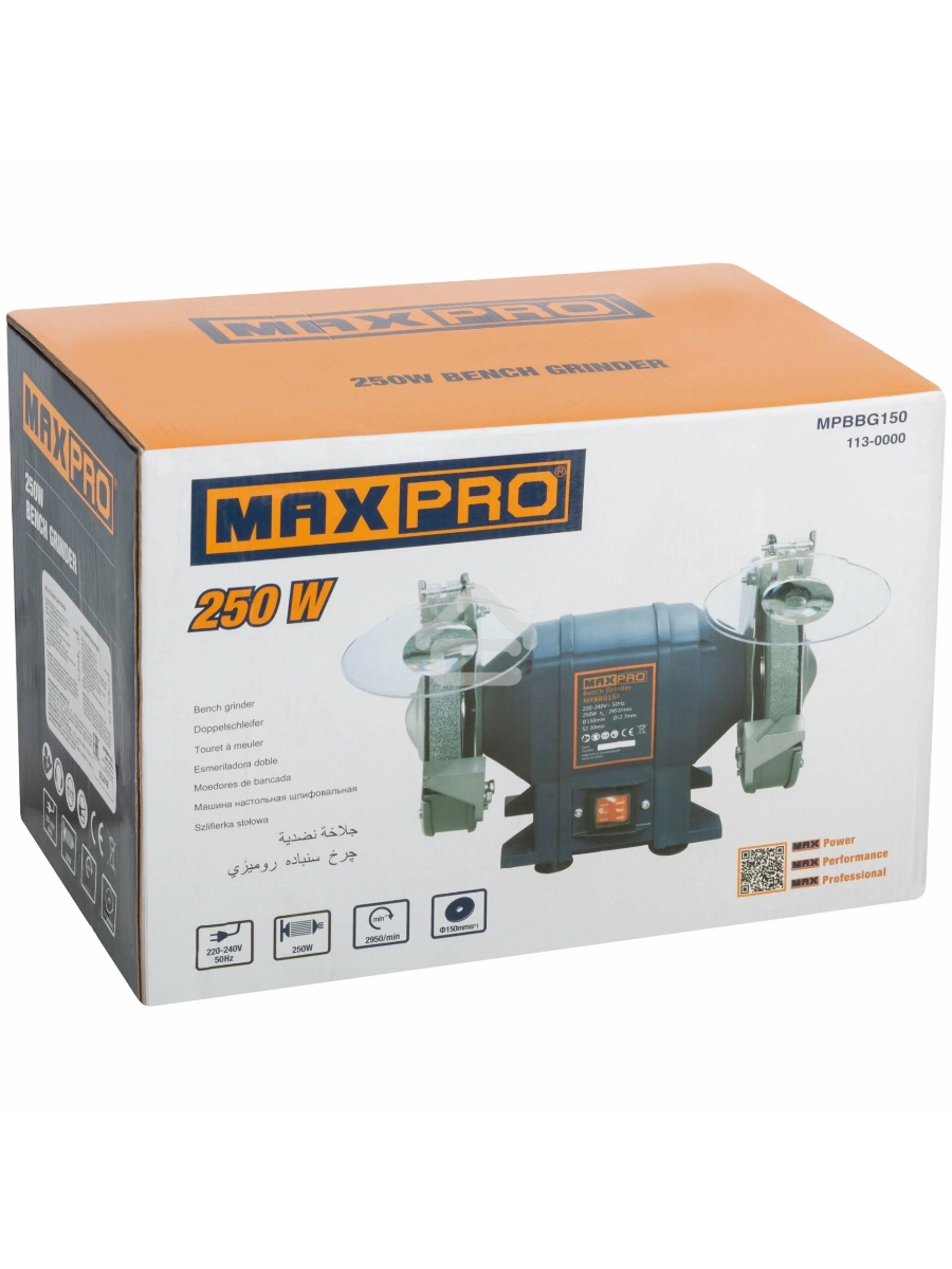 Станок точильный MAX-PRO MPBBG150 250 Вт, 2950/2950 об/мин, 1: 150/20/12,7 мм, 2: 150/20/12,7 мм, 6,55 кг, индукционный мотор, кор.