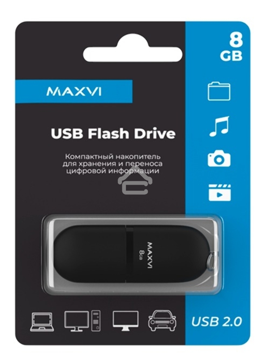 Флеш диск Maxvi SF 8GB  USB 2.0 black, монолит с колпачком, soft touch
