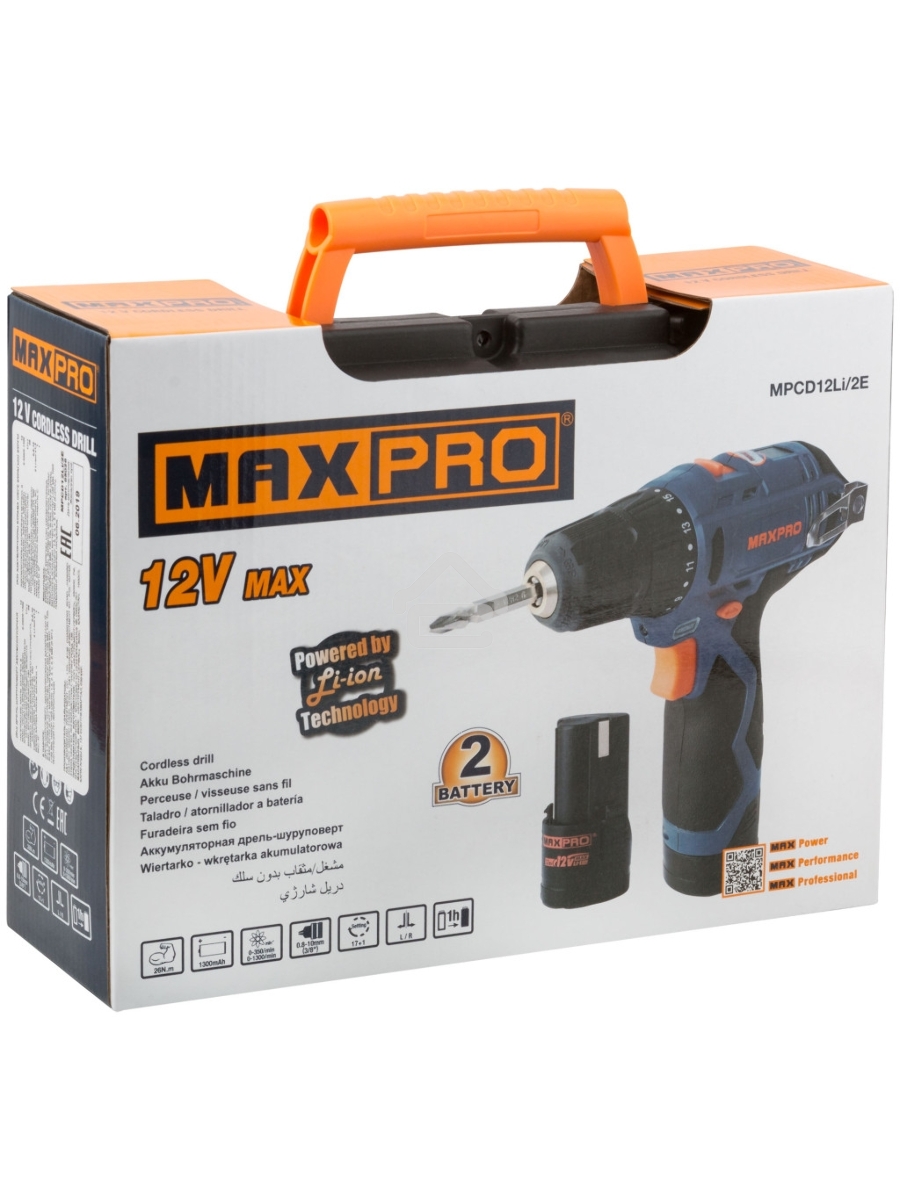 Дрель-шуруповерт MAX-PRO 85026, Аккумуляторная, 12В, 2 АКБ, Кейс
