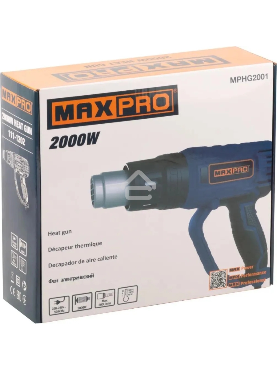 Фен технический MAX-PRO MPHG2001 2000 Вт, 60/350/600°C, 500 л/мин, 0,76 кг, резиновый кабель, резиновые вставки, кор.