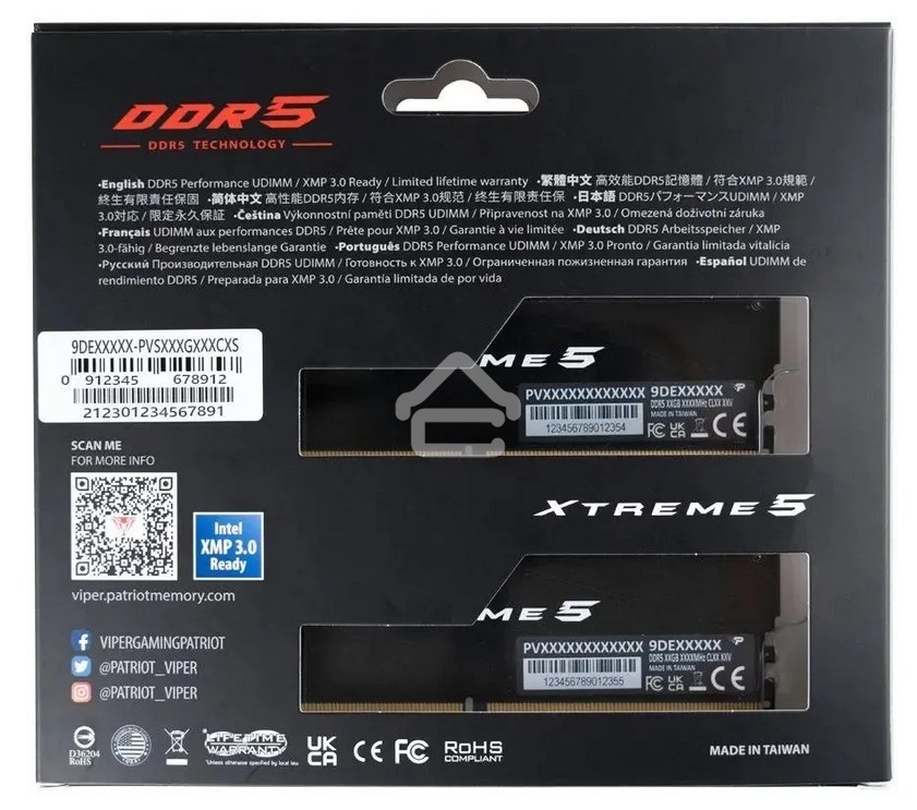 Оперативная память Patriot Viper Xtreme 5, DDR5, 48GB (2x24GB), 7600MHz, CL36, DIMM, с радиаторами, черный