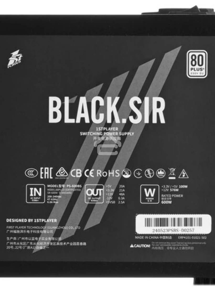 Блок питания 1STPLAYER BLACK.SIR 6.0 (SR-600W), 600Вт, 80 PLUS, 120мм, черный