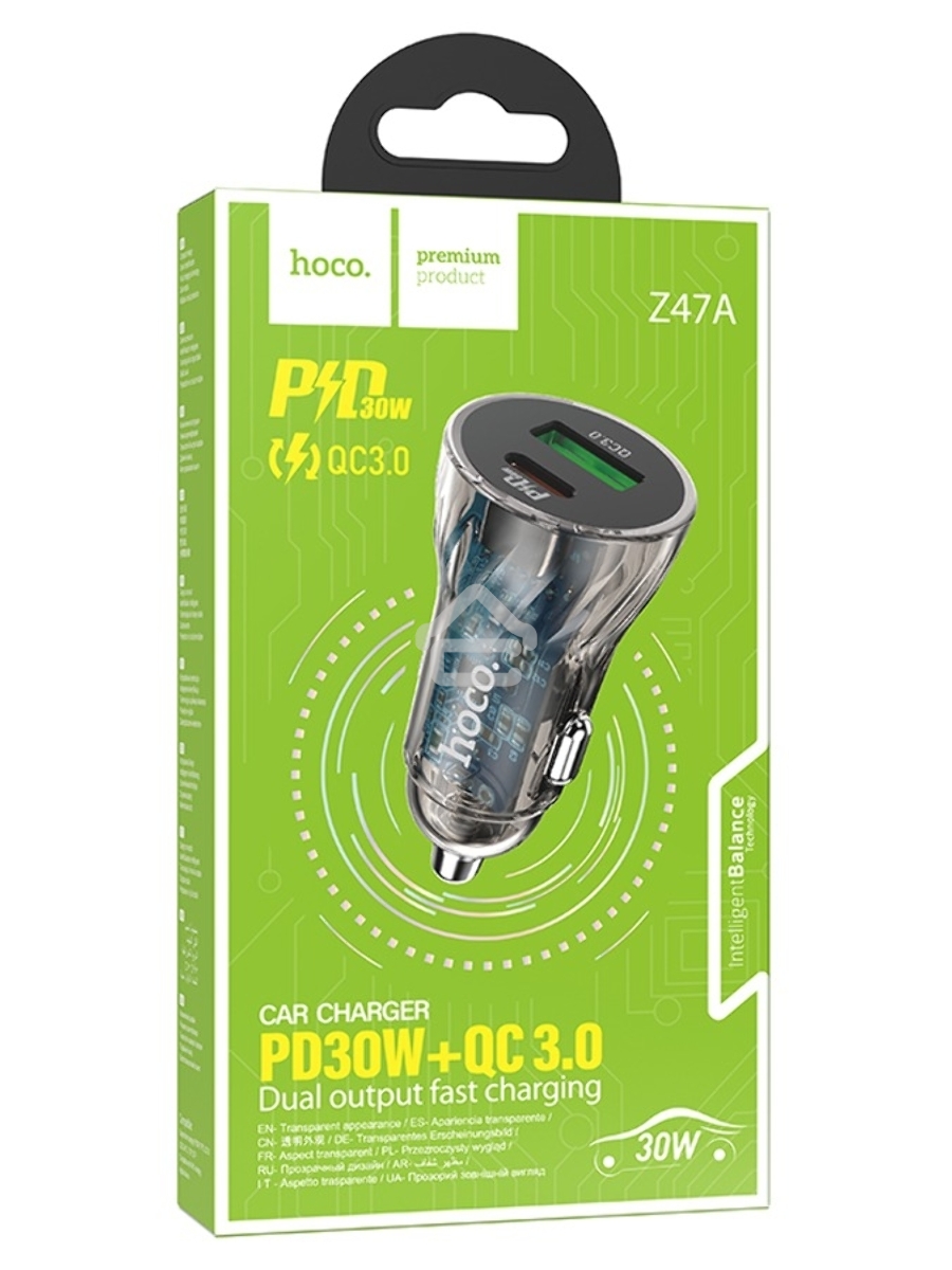 Автомобильная зарядка HOCO Z47A прозрачный 1xUSB-1xUSB-C, 3А PD30W QC3.0, черный