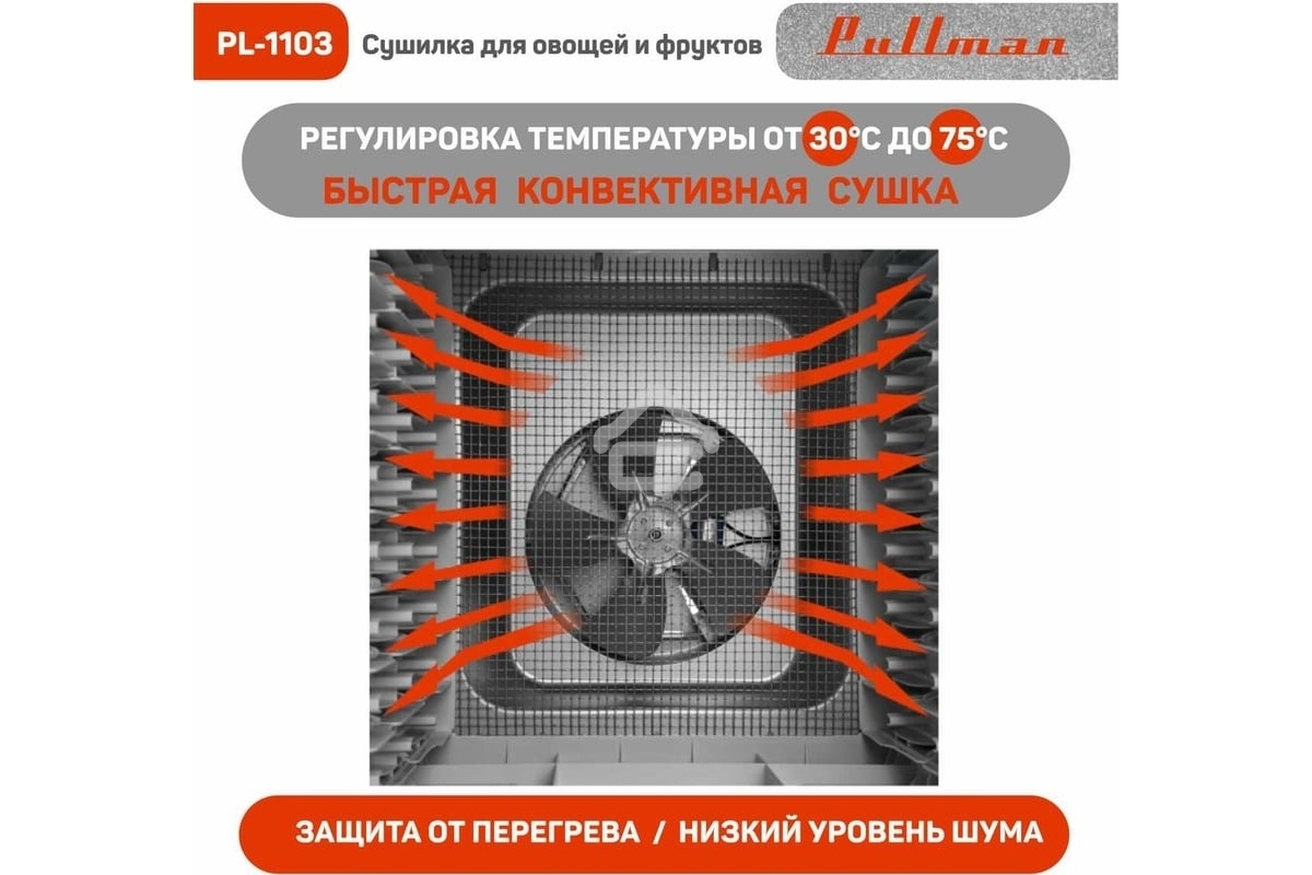 Сушилка для овощей и фруктов Pullman PL-1103, 9 уровней, 18 поддонов, 700 Вт, белый