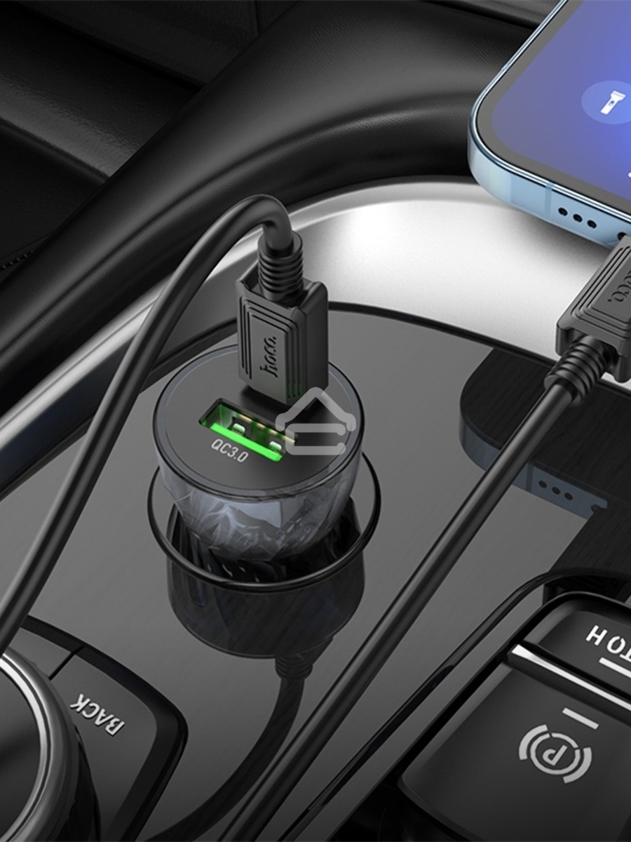 Автомобильная зарядка HOCO Z47A прозрачный 1xUSB-1xUSB-C, 3А PD30W QC3.0, черный