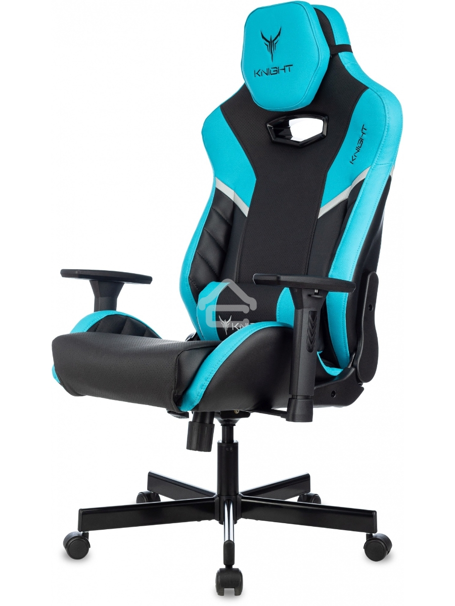 Кресло игровое Knight Thunder 5X черный/голубой эко.кожа крестов. металл
