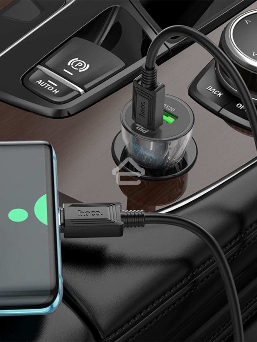 Автомобильная зарядка HOCO Z47A прозрачный 1xUSB-1xUSB-C, 3А PD30W QC3.0, черный