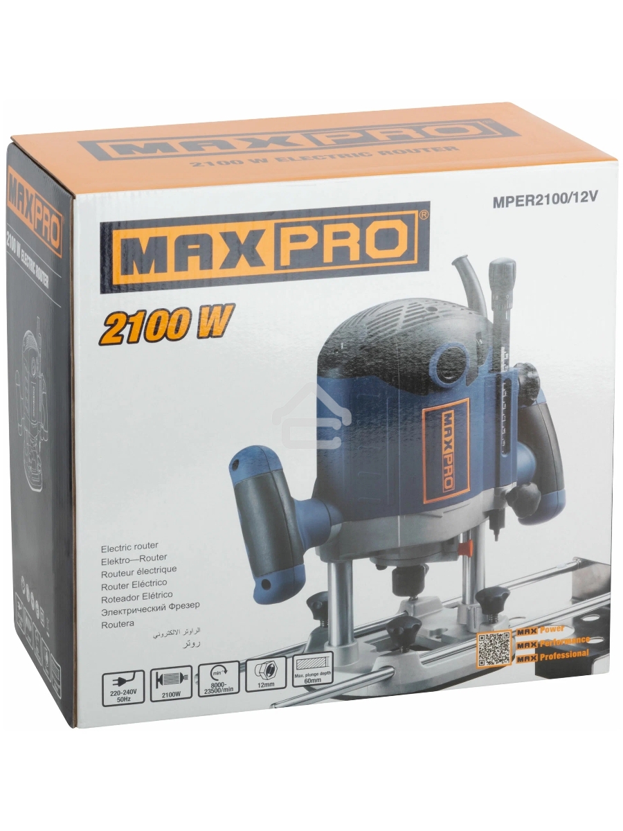 Фрезер MAX-PRO MPER2100/12V 2100 Вт, 8000-23500 об/мин, цанга 6/8/12 мм, 60 мм, 4,1 кг, алюминиевый корпус, резиновый кабель, коробка