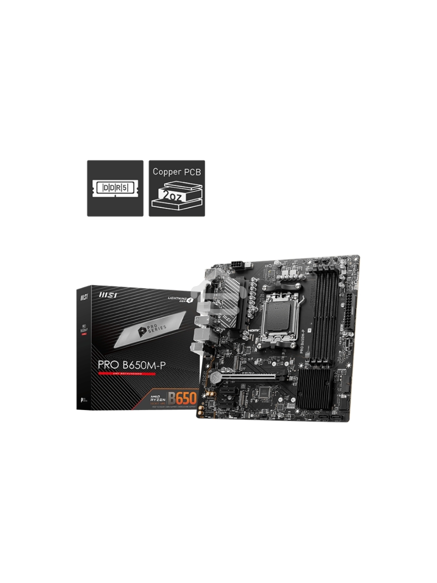 Материнская плата MSI PRO B650M-P, AM5, AMD B650, 4xDDR5, 4xSATA, 2xM.2, 1xPCI-E 4.0 x16, 2xPCI-E 4.0 x1, 1xHDMI, 1xDP, 1xVGA, 1x2.5Gb LAN, 2xUSB 3.2 Gen 1, 2xUSB 3.2 Gen 2, 3x3.5 мм, 7.1, Micro-ATX